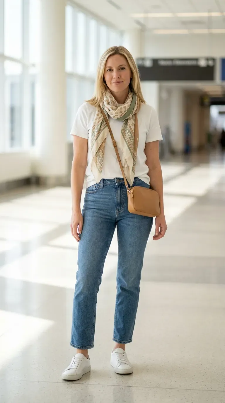 Overhead flat lay of a white tee, straight-leg jeans, and white leather sneakers on a linen surface