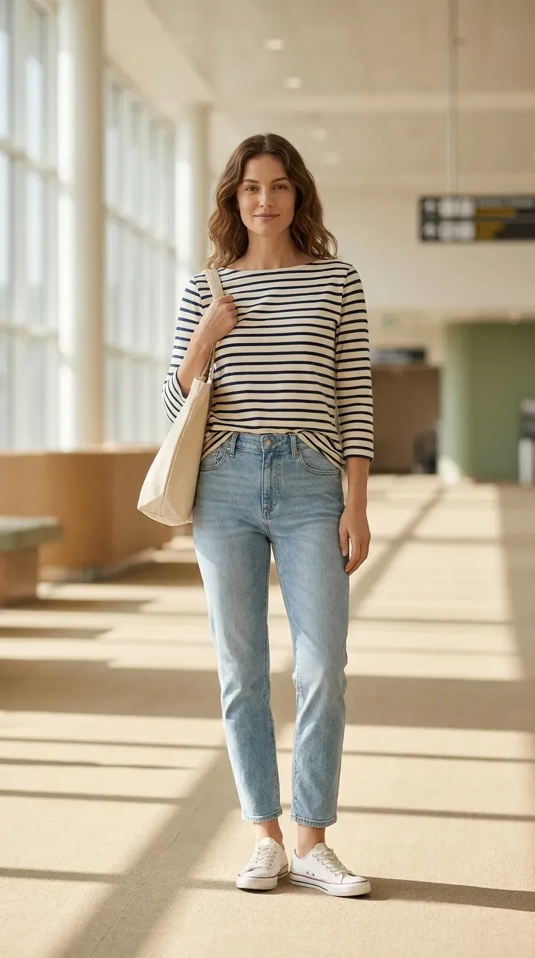 Navy and cream striped top, mid-rise jeans, and white canvas sneakers arranged flat with a canvas tote
