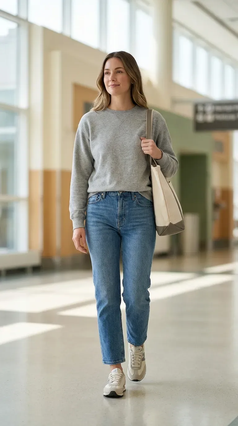 Heather gray crewneck sweatshirt, straight jeans, and cream retro runner sneakers arranged flat with a canvas tote