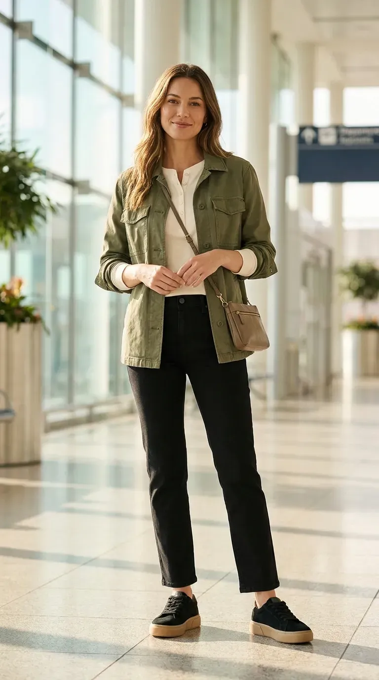 Cream henley, olive utility jacket, black jeans, and black sneakers arranged flat with a zip-top crossbody