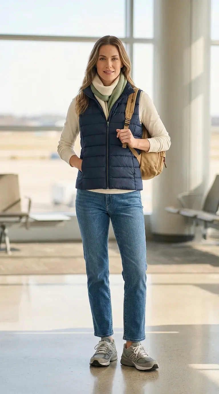 Navy lightweight puffer vest, long-sleeve cream tee, straight jeans, and gray sneakers arranged flat with a small backpack
