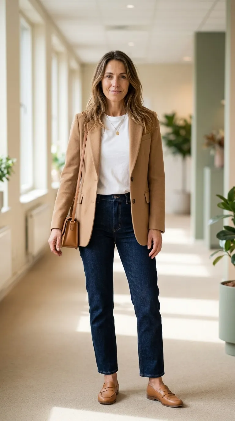 Woman wearing a camel blazer over a white tee with dark straight-leg jeans and tan loafers