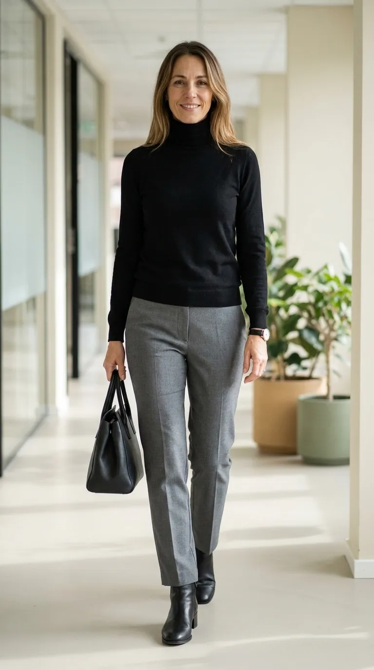 Woman wearing a black fine-knit turtleneck with gray tailored trousers and black ankle boots