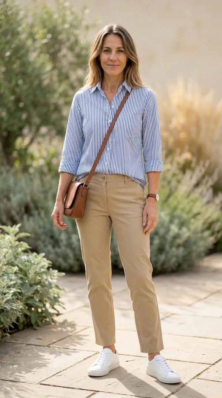 Woman wearing a blue and white striped button-down with khaki chinos and white leather sneakers