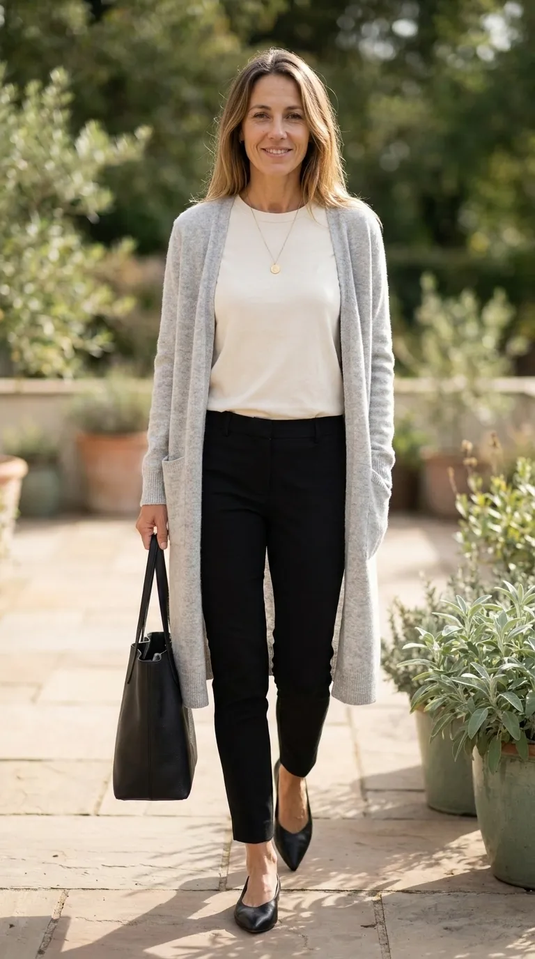 Woman wearing a long gray cardigan over a fitted cream tee with black slim ankle pants and black pointed flats