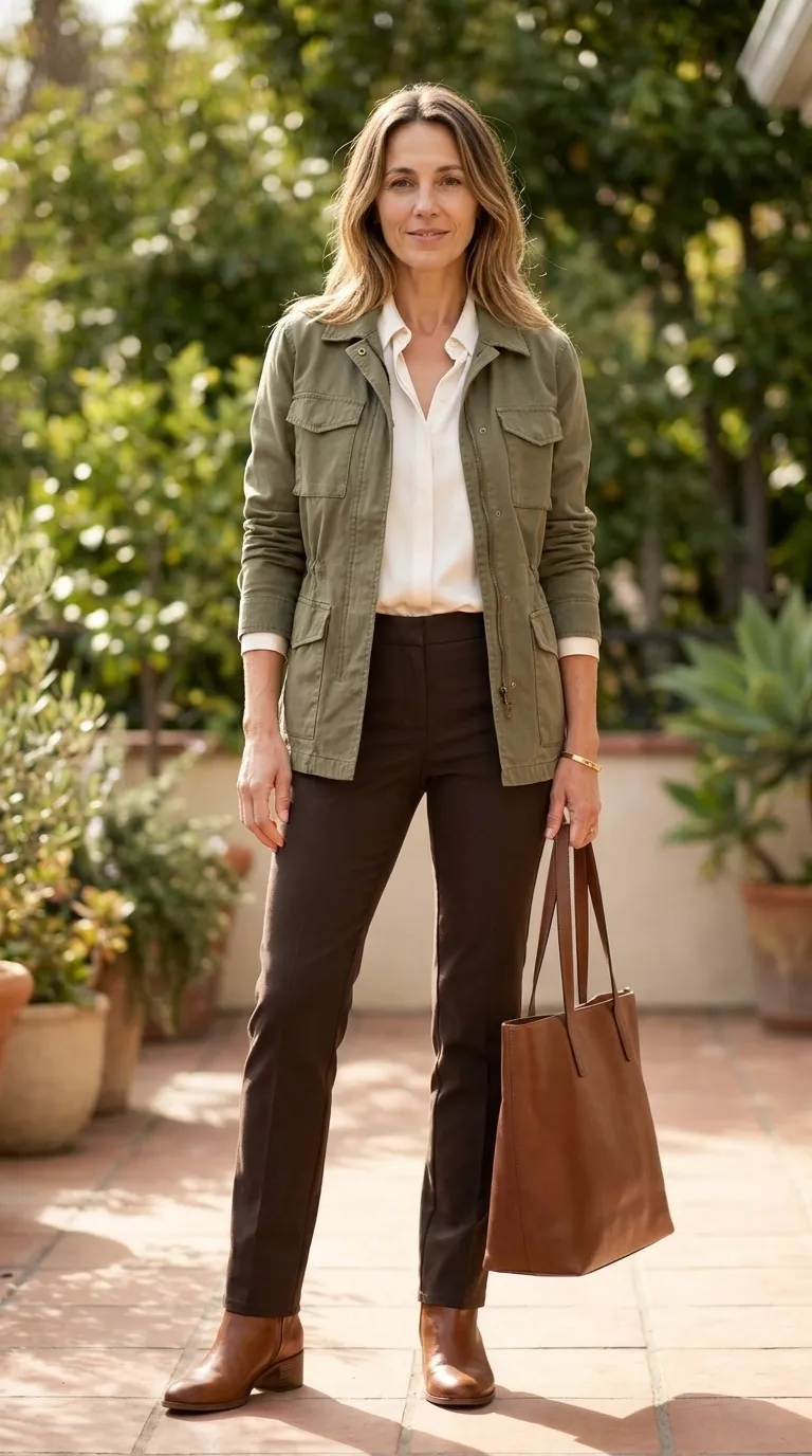 Woman wearing an olive utility jacket over an ivory blouse with dark brown slim trousers and cognac ankle boots