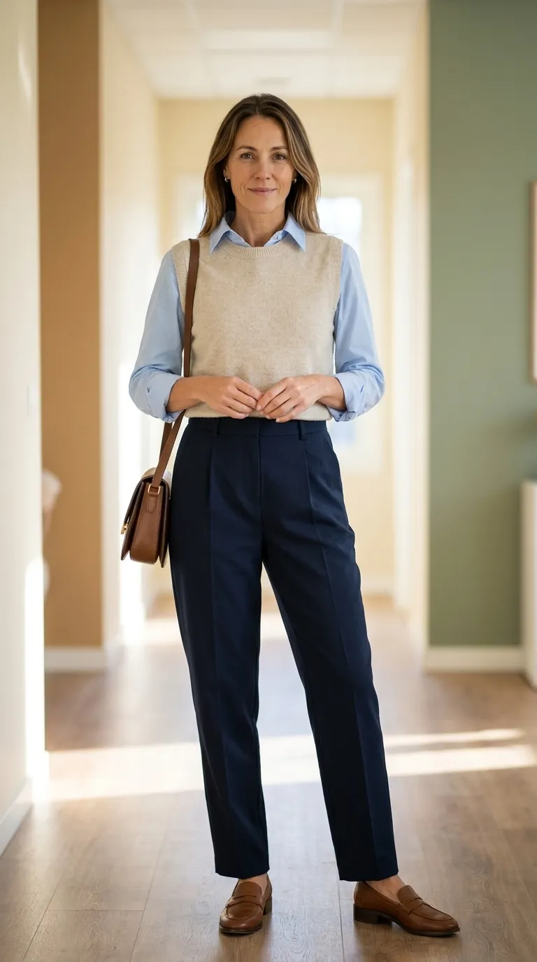 Woman wearing an oatmeal sweater vest over a light blue poplin shirt with navy pleated trousers and brown loafers