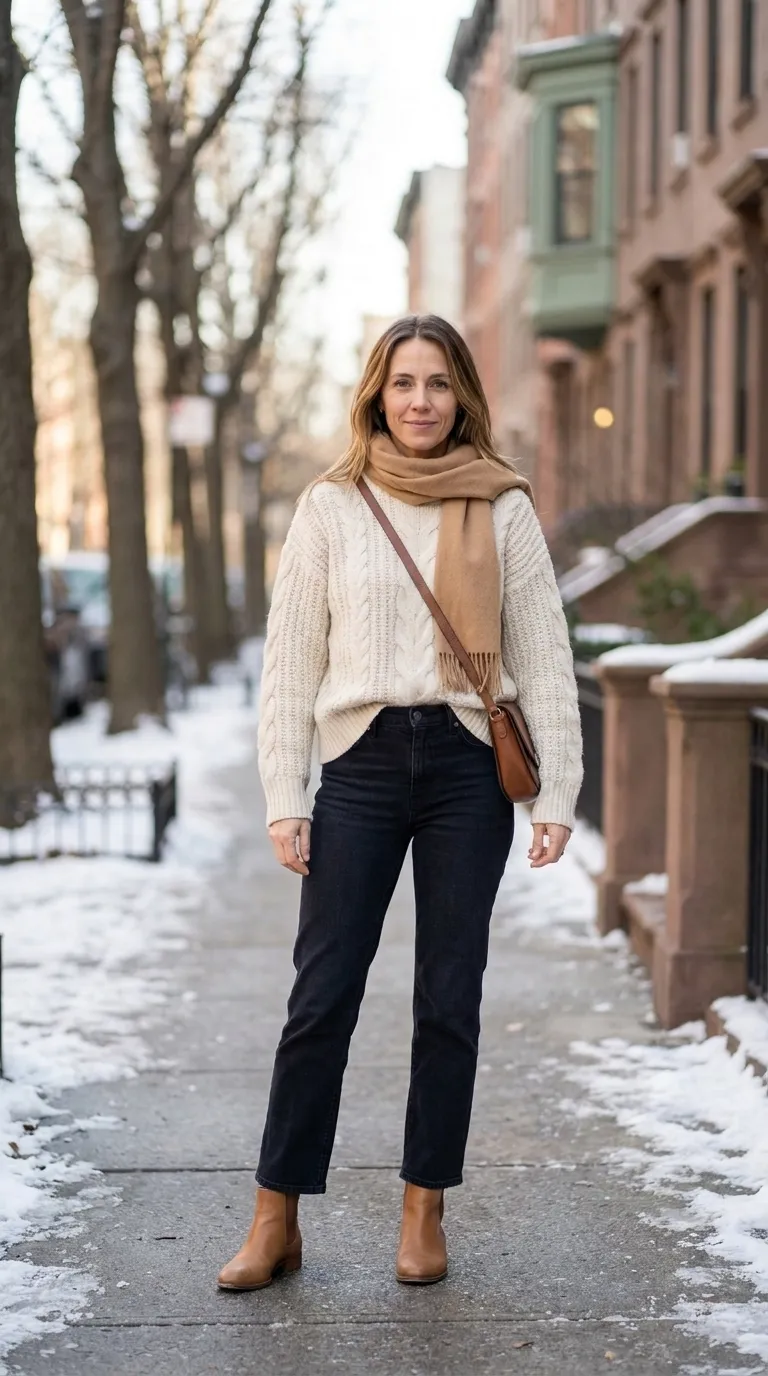 Woman wearing a cream cable knit sweater with dark straight-leg jeans, tan ankle boots and a camel scarf