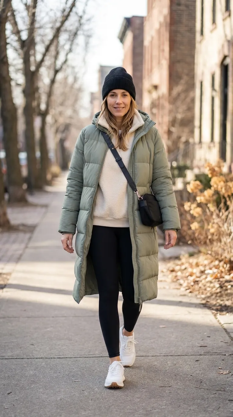 Woman in a long sage green puffer coat, black leggings and clean sneakers with a black beanie