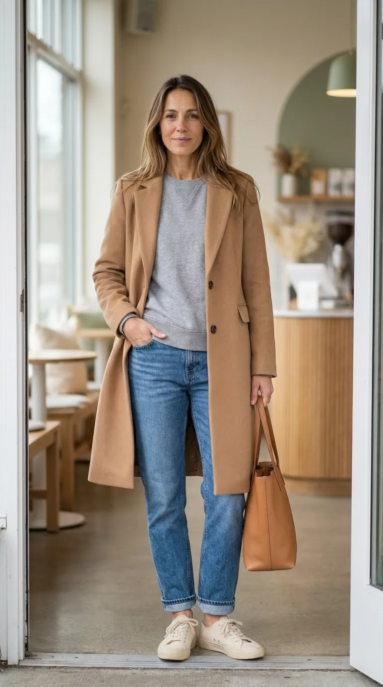 Woman in a camel wool-blend coat over a heather gray sweatshirt with relaxed jeans and cream sneakers
