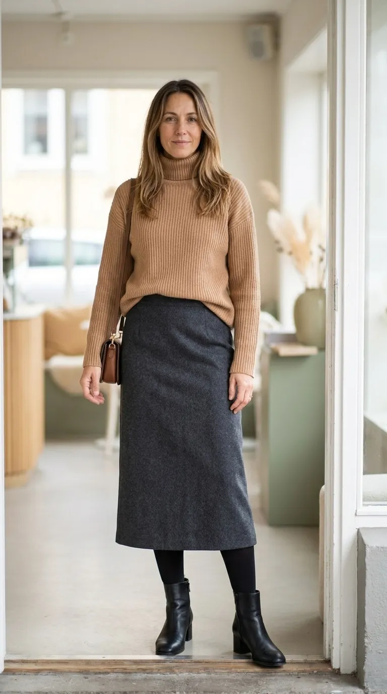 Woman in a camel ribbed turtleneck, charcoal wool-blend midi skirt, black tights and black ankle boots