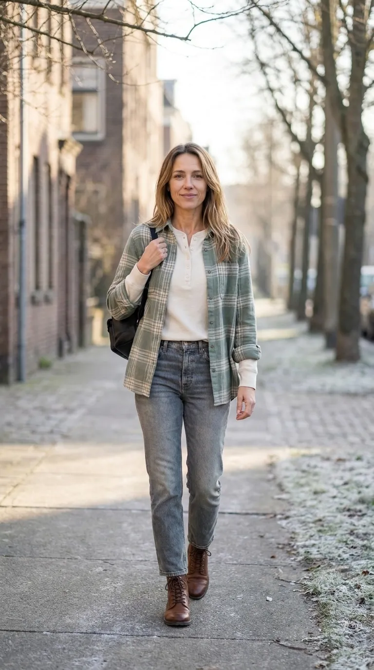 Woman in a sage green plaid flannel shirt worn open over a cream henley with faded straight jeans and brown lace-up boots