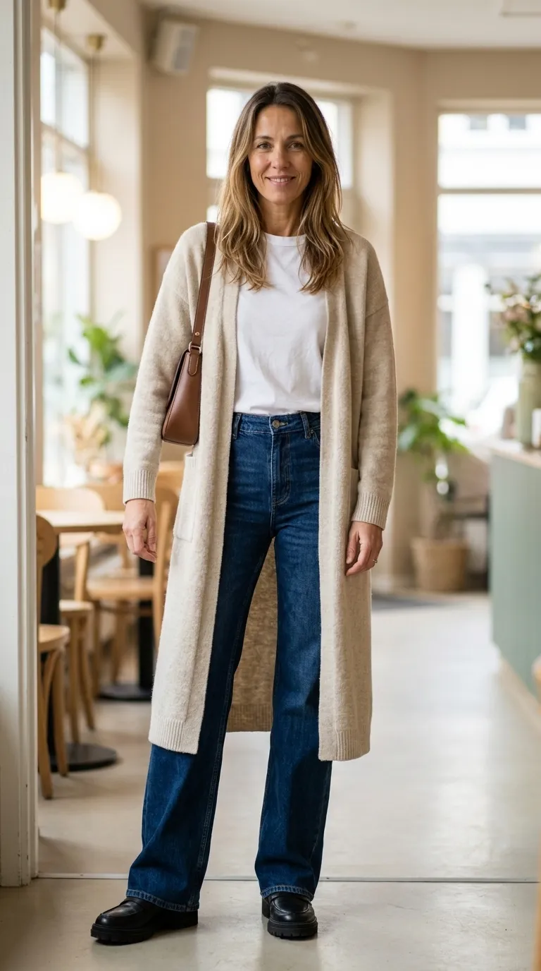 Woman in a long oatmeal cardigan coat over a white tee with dark wide-leg jeans and black lug-sole loafers