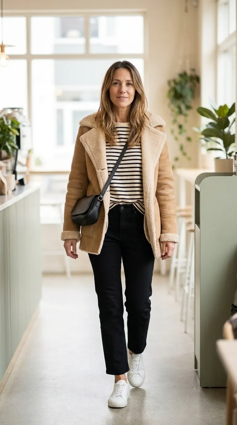 Woman in a camel sherpa-lined jacket over a black and cream striped long-sleeve tee with black jeans and white sneakers