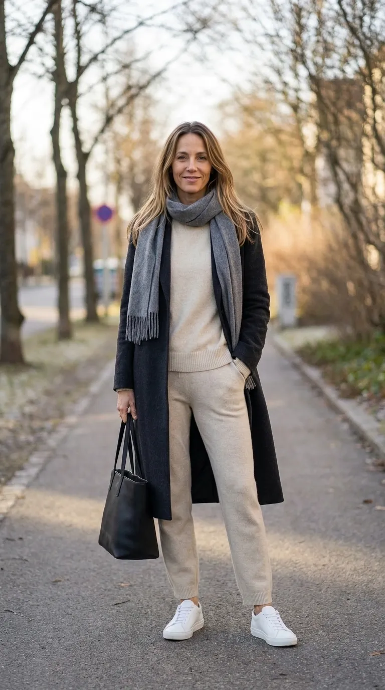 Woman in an oatmeal knit sweater and matching knit pants with a charcoal wool coat and white sneakers