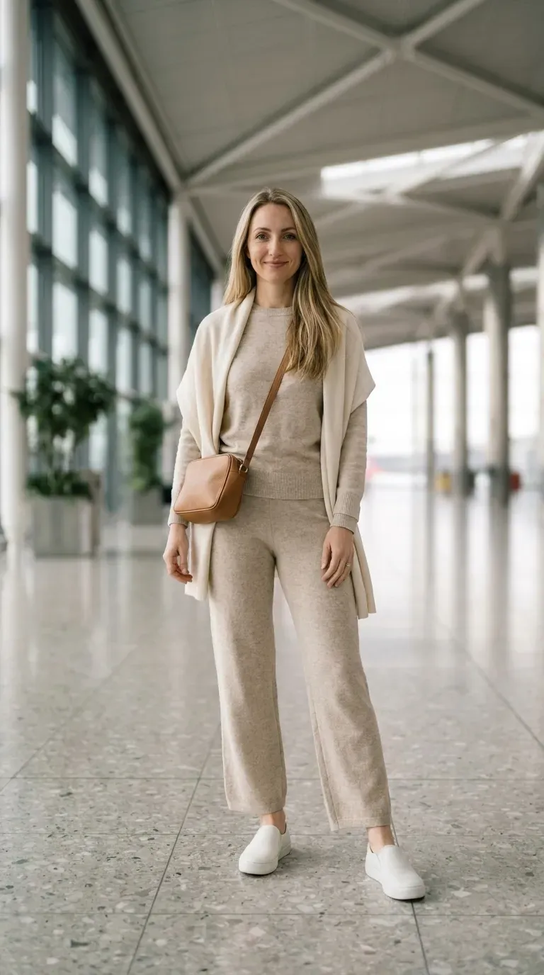 Flat lay of a matching oatmeal knit set, white slip-on sneakers, a crossbody bag and a light scarf on a linen surface