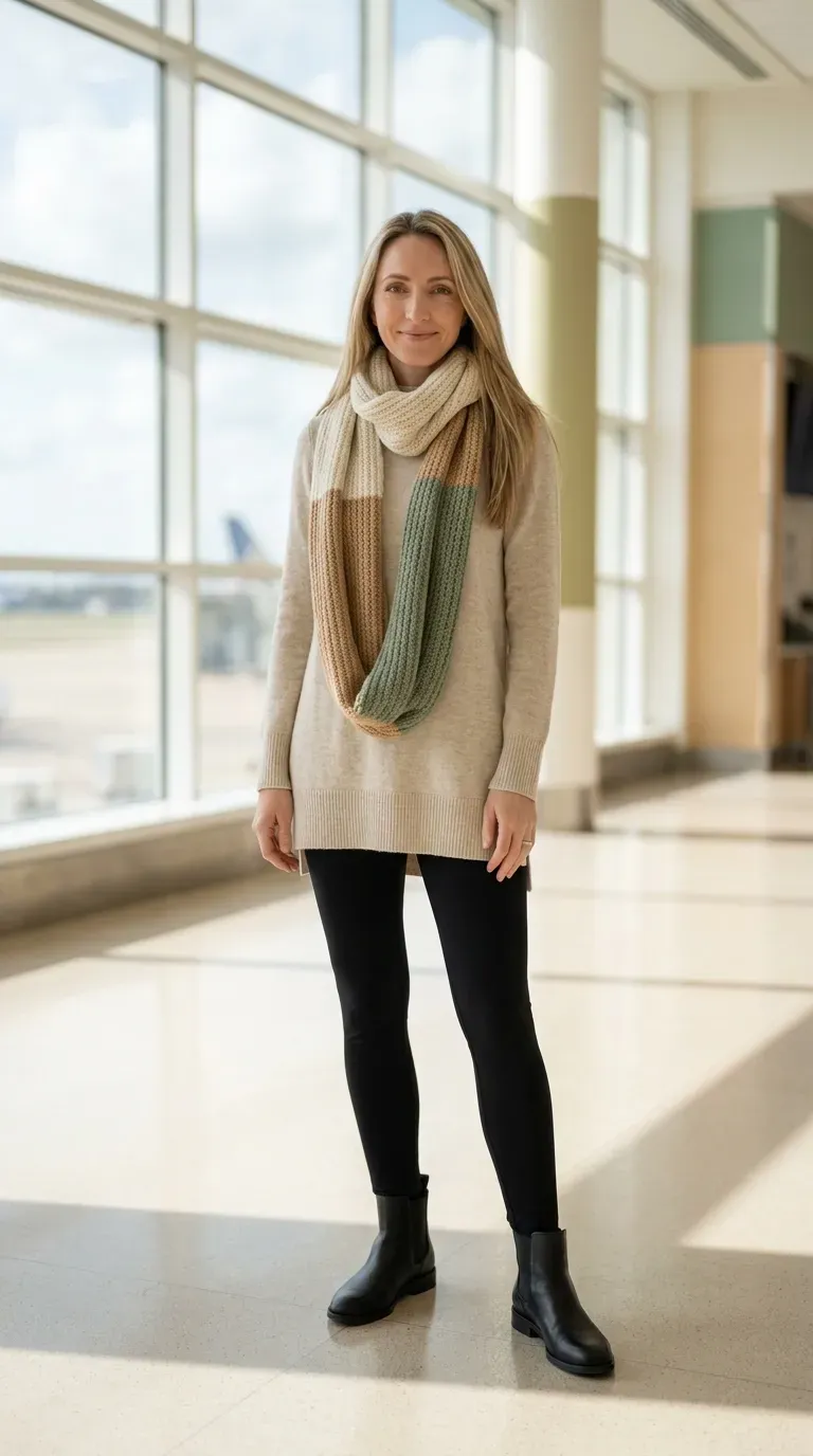 Flat lay of black ponte leggings, a long oatmeal tunic sweater, ankle boots and a knit scarf on a light linen surface