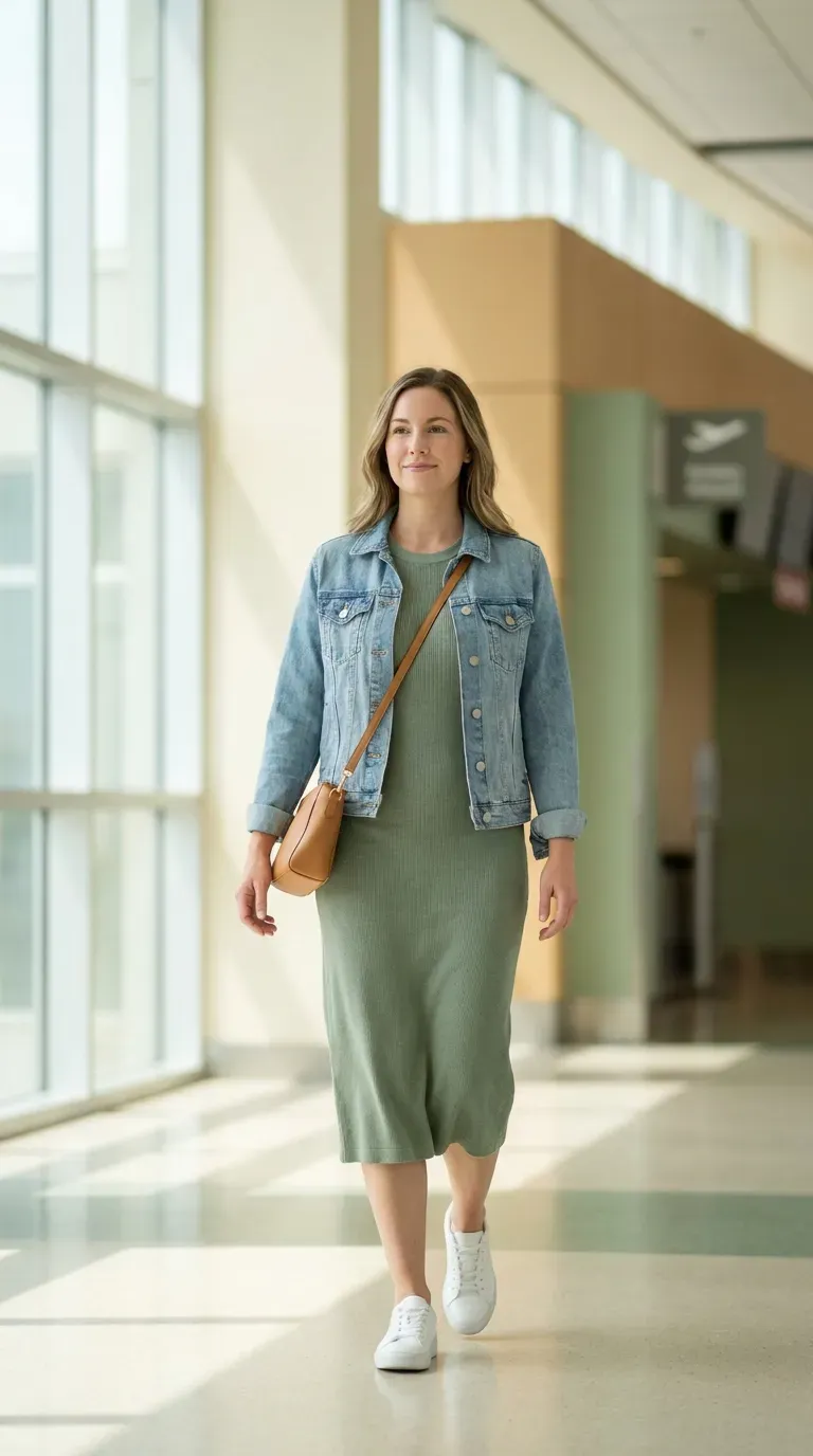 Flat lay of a sage green knit midi dress, white sneakers, a light denim jacket and a leather crossbody bag on pale wood
