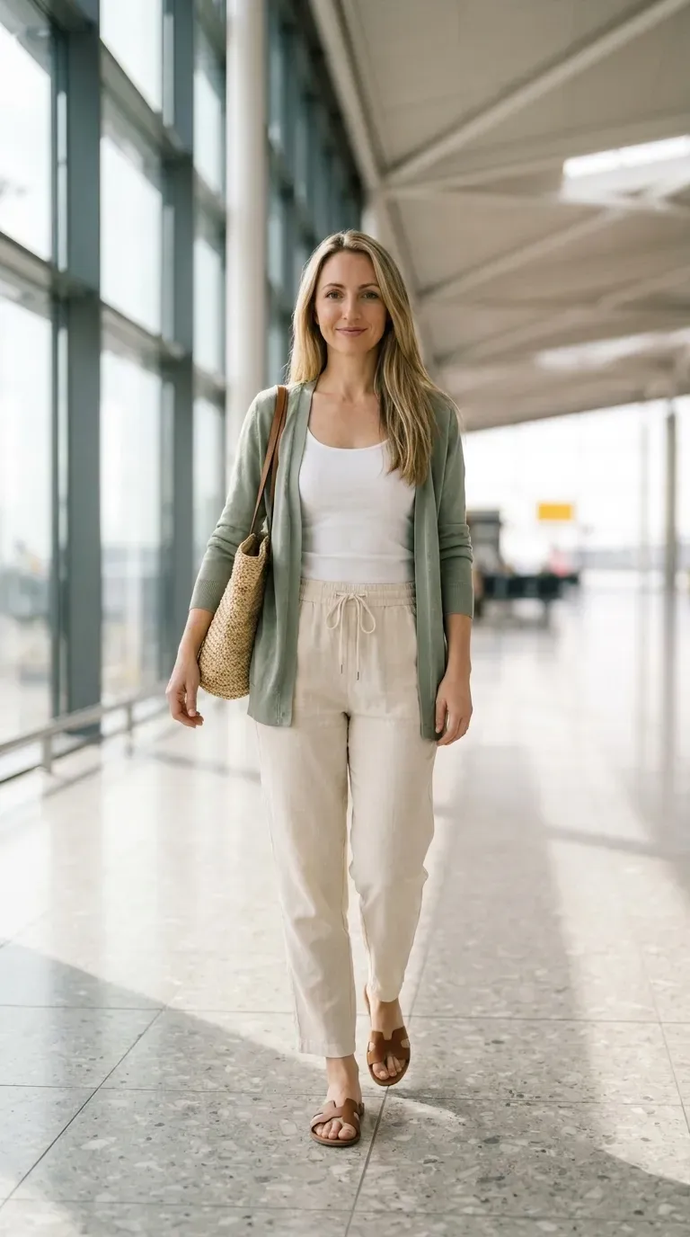 Flat lay of cream linen-blend pants, a white tank top, a sage lightweight cardigan, leather sandals and a straw tote on pale wood