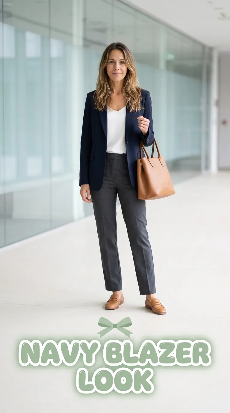 Woman in a navy blazer, white shell and straight-leg trousers standing in a conference hallway