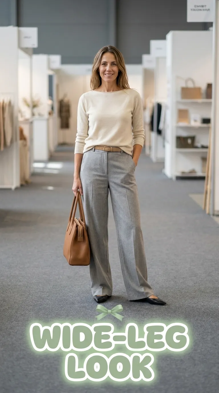 Woman in a fine-knit top and wide-leg trousers in an exhibit hall