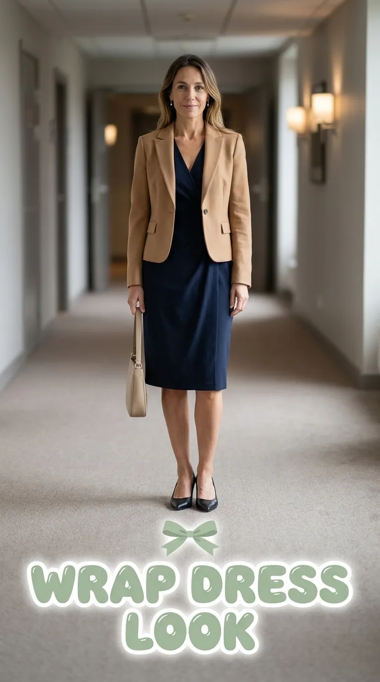 Woman in a wrap dress and tailored jacket standing in a hotel conference corridor