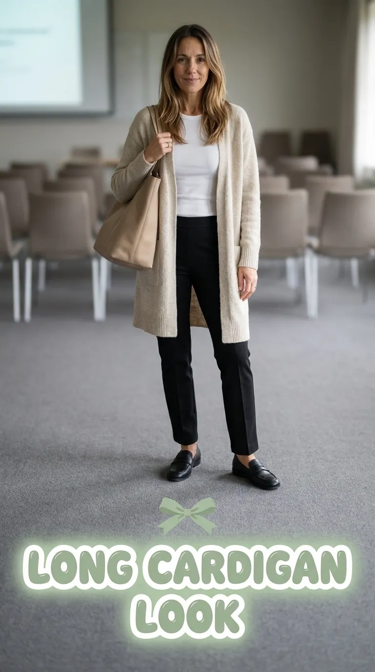 Woman in a long cardigan, shell top and ponte pants in a conference session room