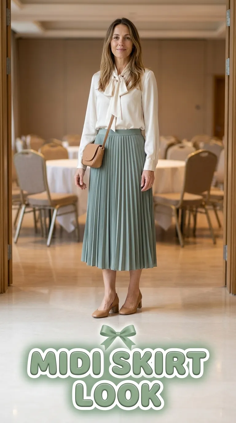 Woman in a silky blouse and pleated midi skirt standing near a banquet room entrance
