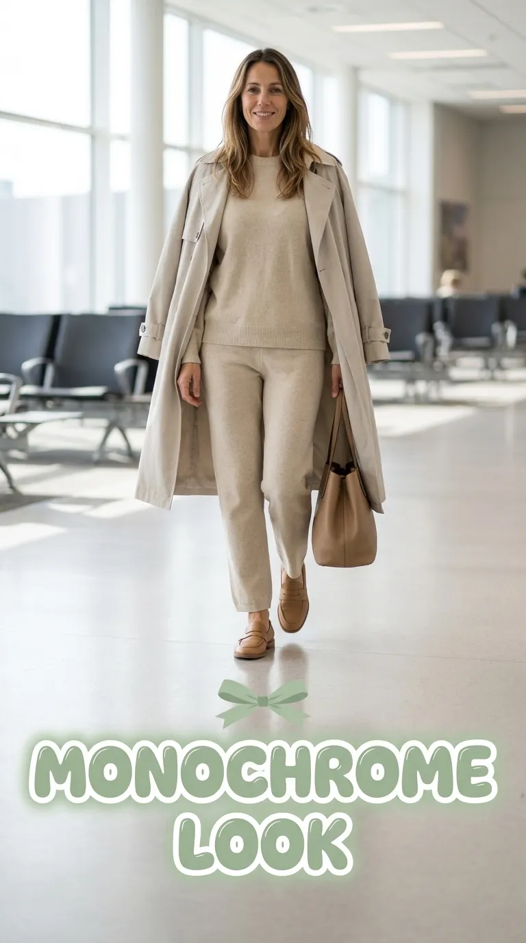 Woman in a matching monochrome knit set with cushioned loafers walking through an airport terminal
