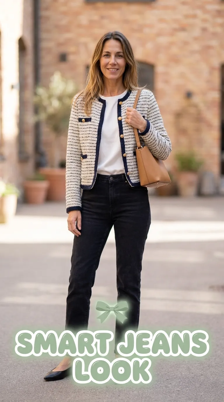 Woman in a textured tweed-style jacket, silk-look top and dark jeans at a creative conference venue