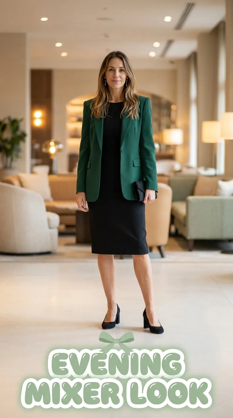 Woman in a black dress and bold statement blazer at an evening conference reception venue