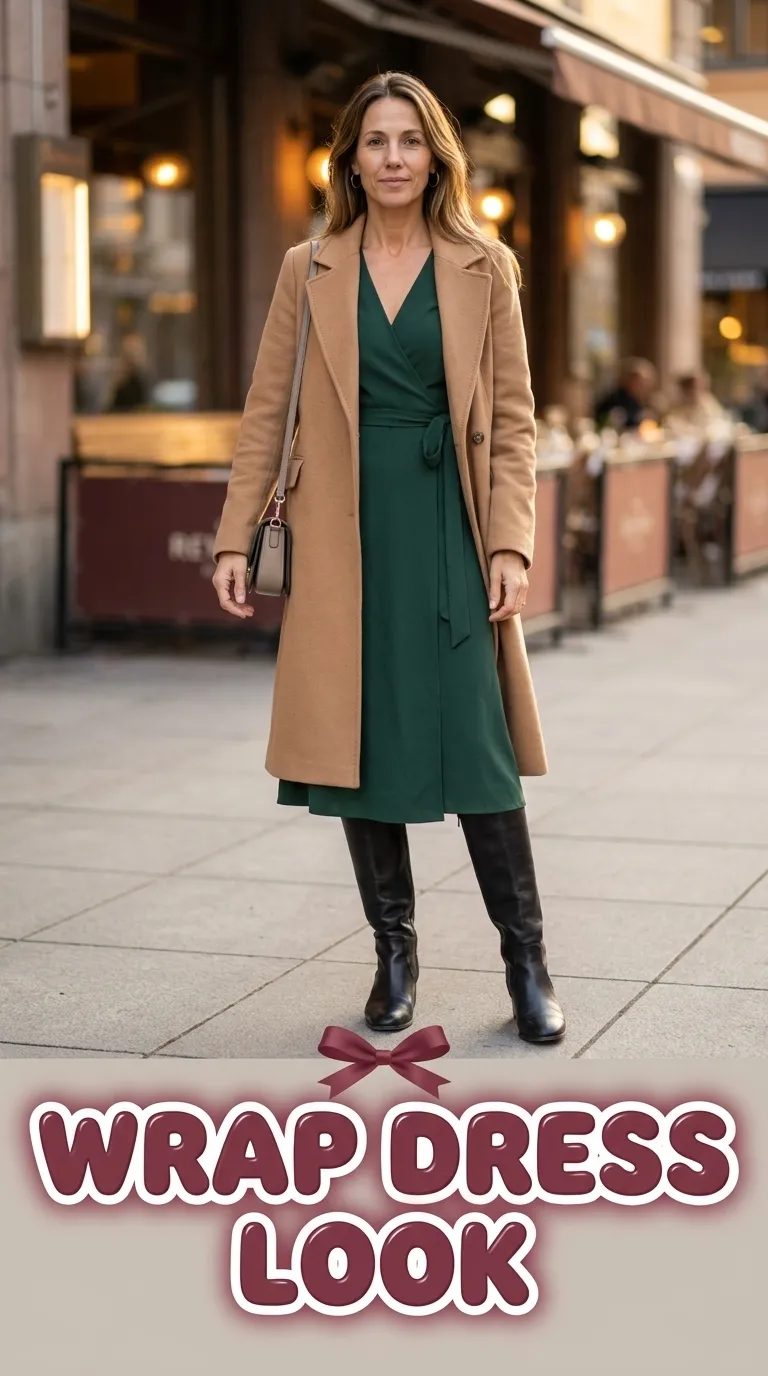 Woman in a forest green midi wrap dress with black knee-high boots and a camel coat