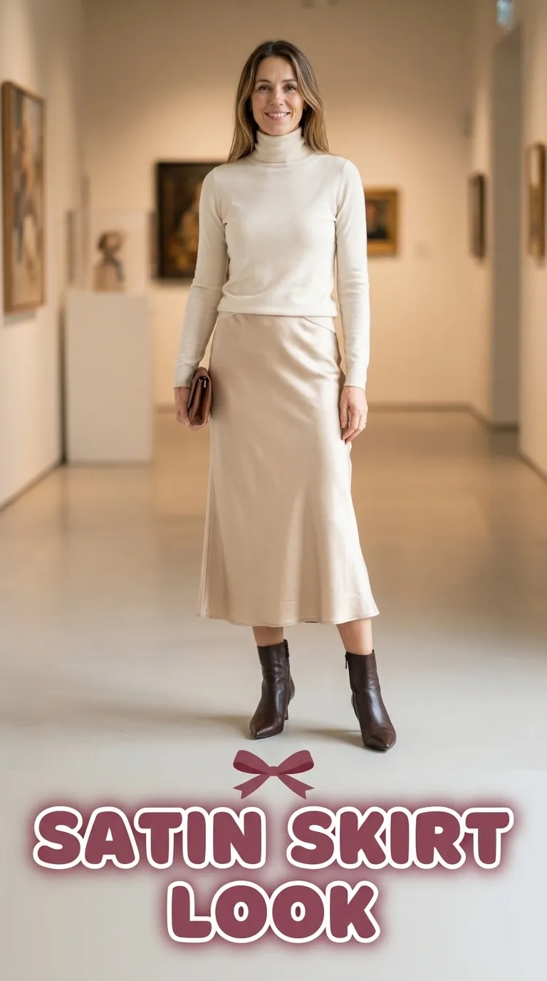 Woman in a champagne satin midi skirt, cream fitted turtleneck and pointed-toe ankle boots