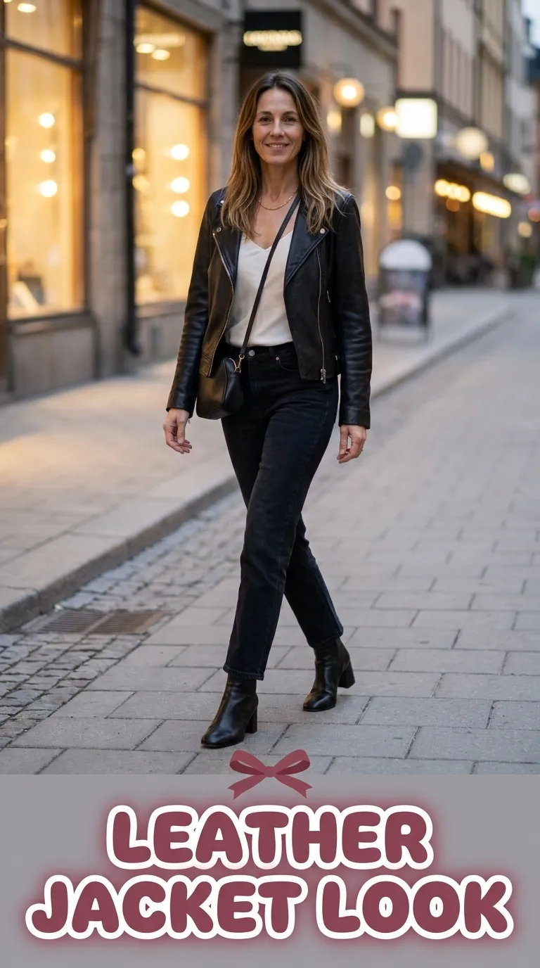 Woman in a black leather jacket, ivory silk cami, dark straight-leg jeans and block-heel ankle boots
