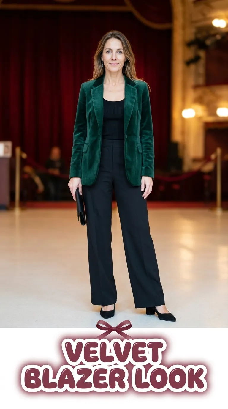 Woman in an emerald velvet blazer, black fine knit top, wide-leg black trousers and pointed-toe pumps