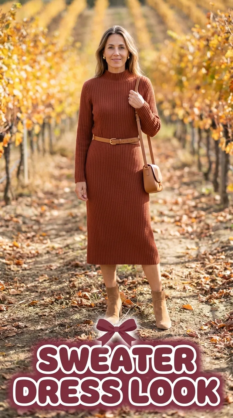 Woman in a rust ribbed midi sweater dress with a slim belt and heeled ankle boots
