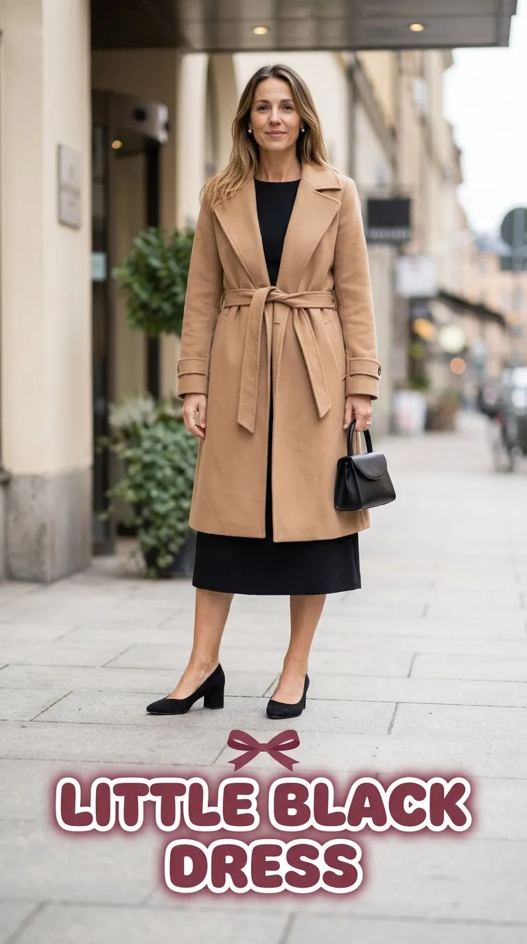 Woman in a knee-length little black dress with a belted camel trench coat and black suede pumps