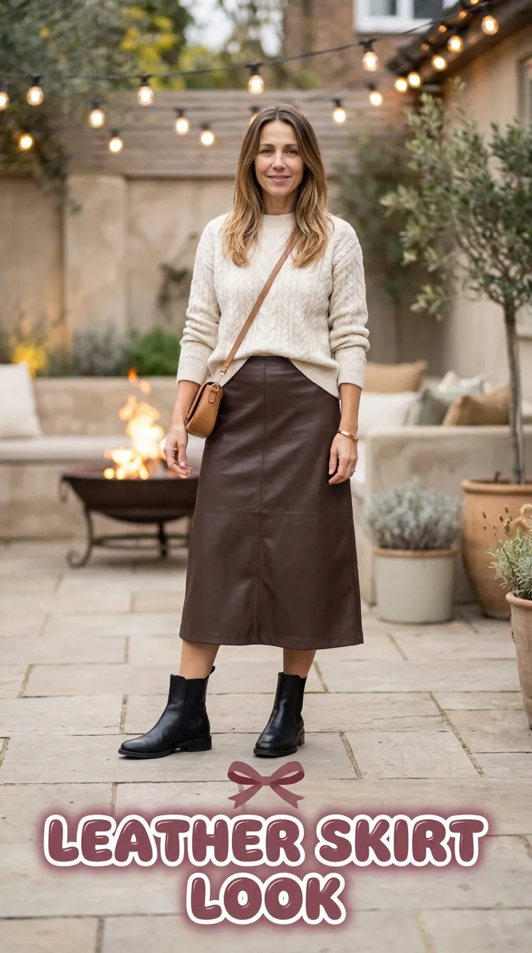 Woman in a chocolate brown faux leather midi skirt, cream cable-knit sweater and black Chelsea boots