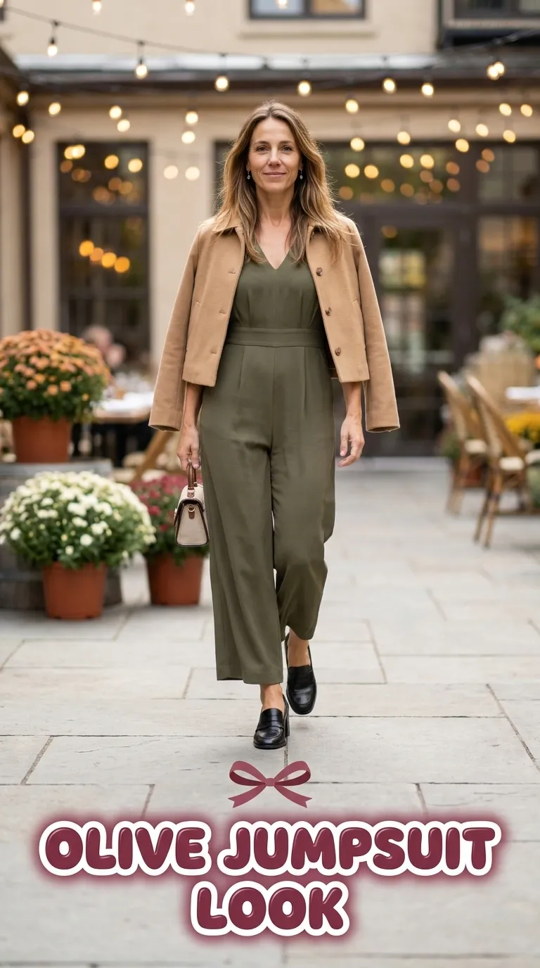Woman in an olive wide-leg jumpsuit with a tan cropped jacket and black heeled loafers