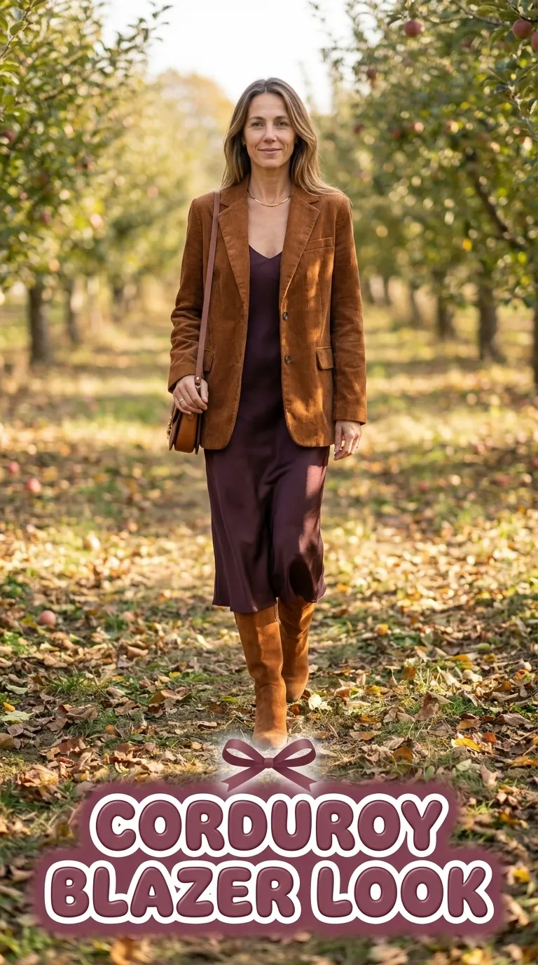 Woman in a tobacco corduroy blazer over a dark plum satin slip dress with cognac mid-calf boots