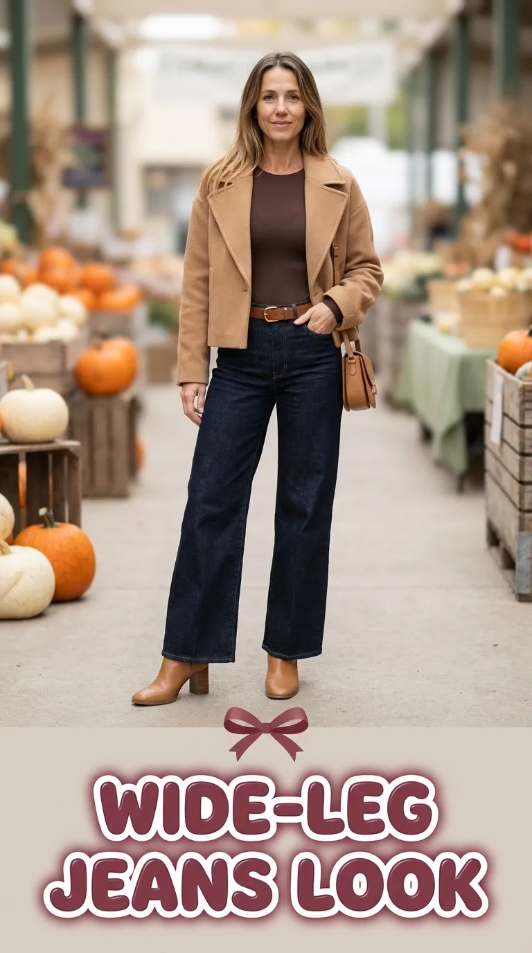 Woman in dark wide-leg jeans, a chocolate brown long-sleeve bodysuit and tan block-heel boots with a cropped wool coat
