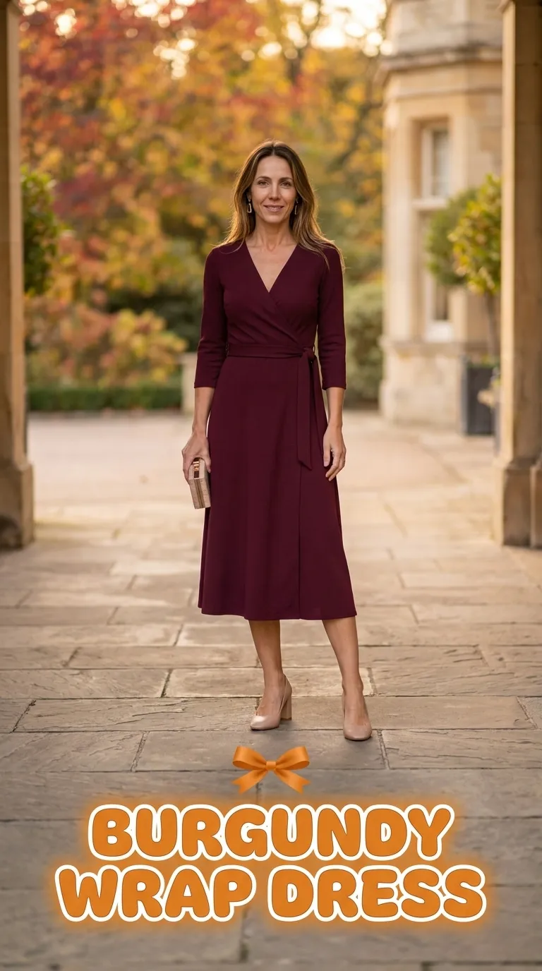 Woman in a burgundy wrap midi dress and nude block-heel pumps at a fall wedding