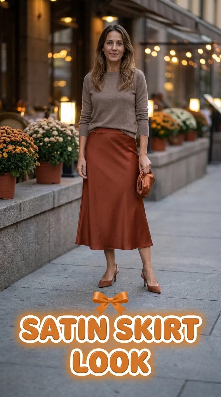 Woman in a rust satin midi skirt, warm taupe knit top and slingback heels