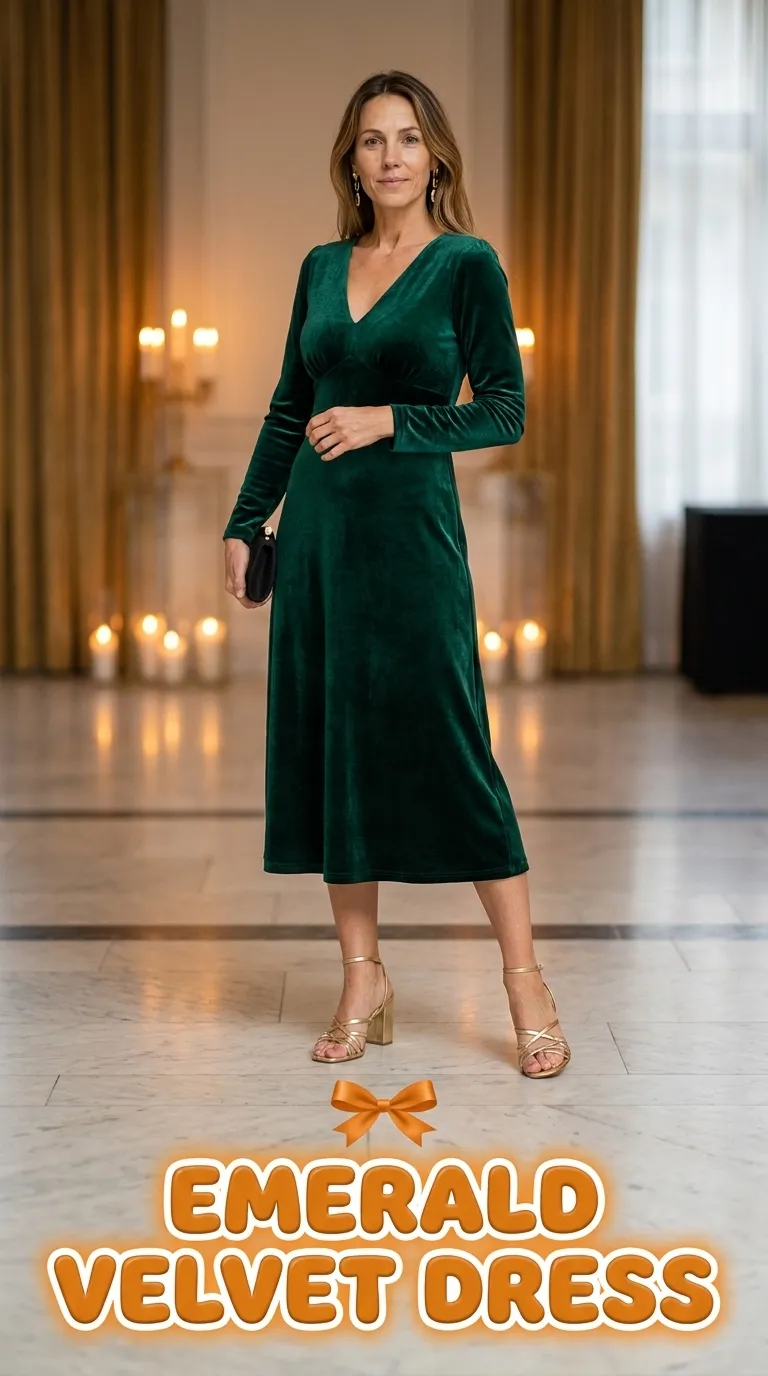 Woman in an emerald velvet midi dress with a V-neckline and strappy block heels