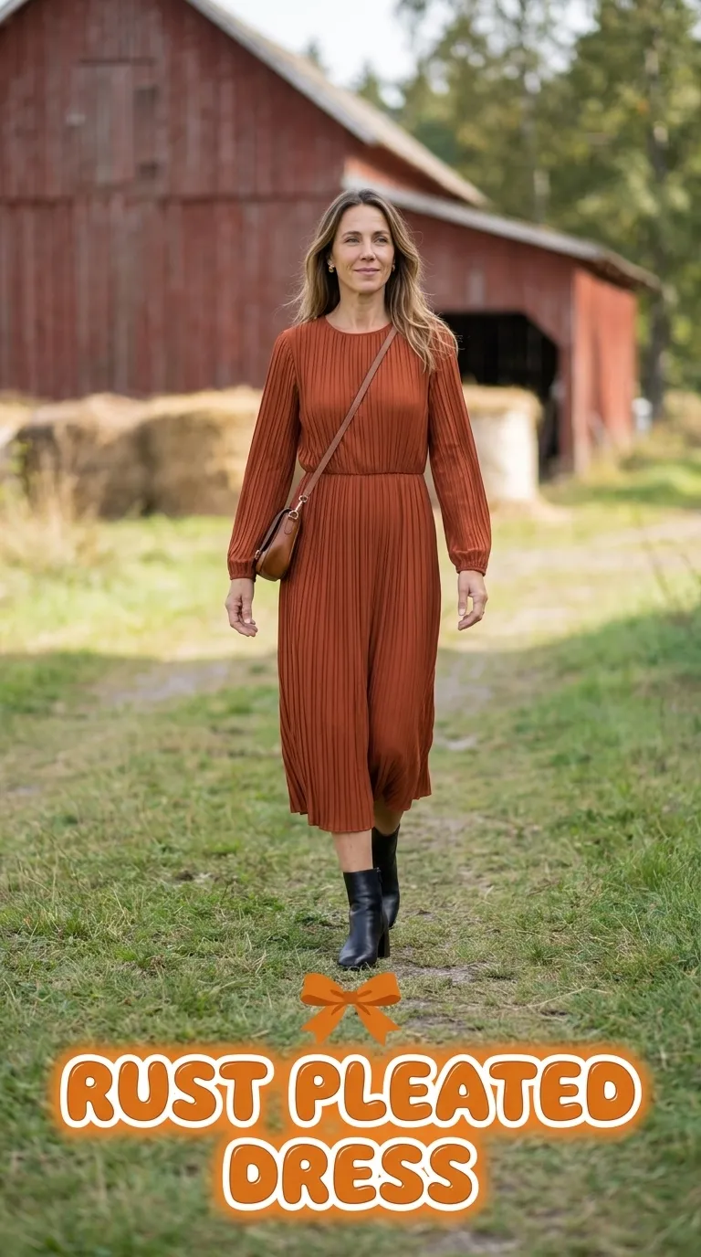 Woman in a rust pleated midi dress with block-heel ankle boots on a farm lane