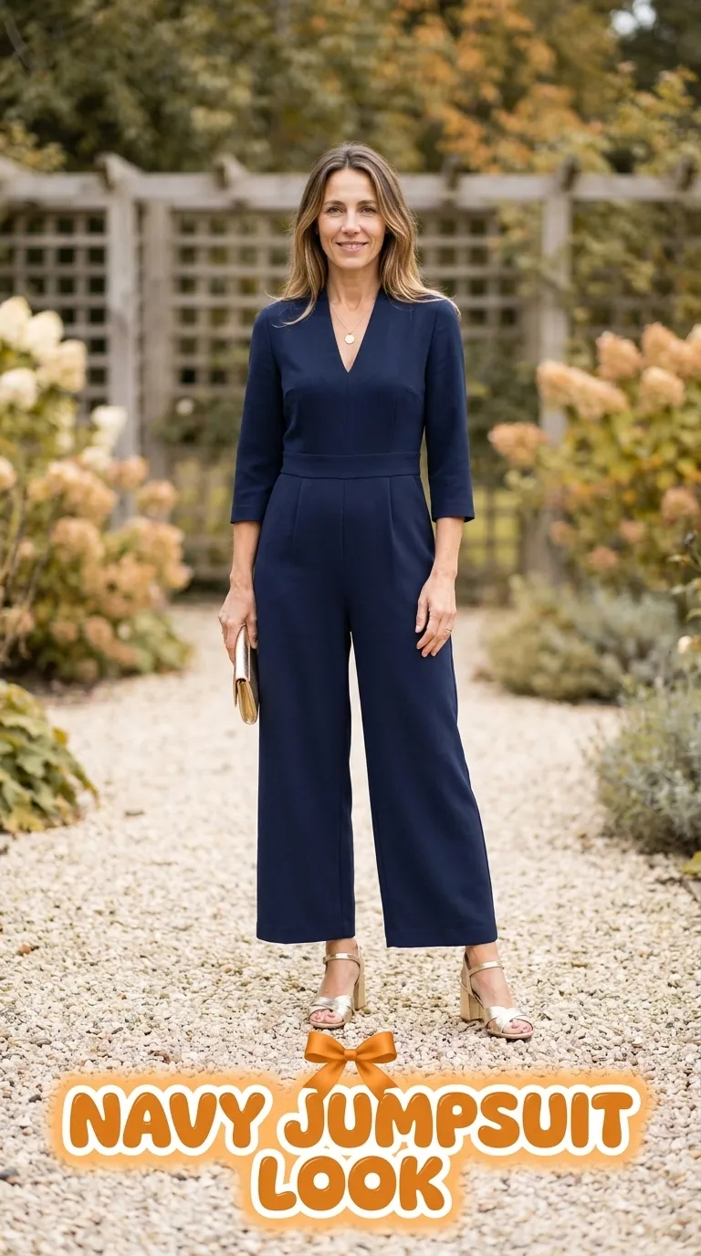 Woman in a navy tailored wide-leg jumpsuit with metallic gold block-heel sandals