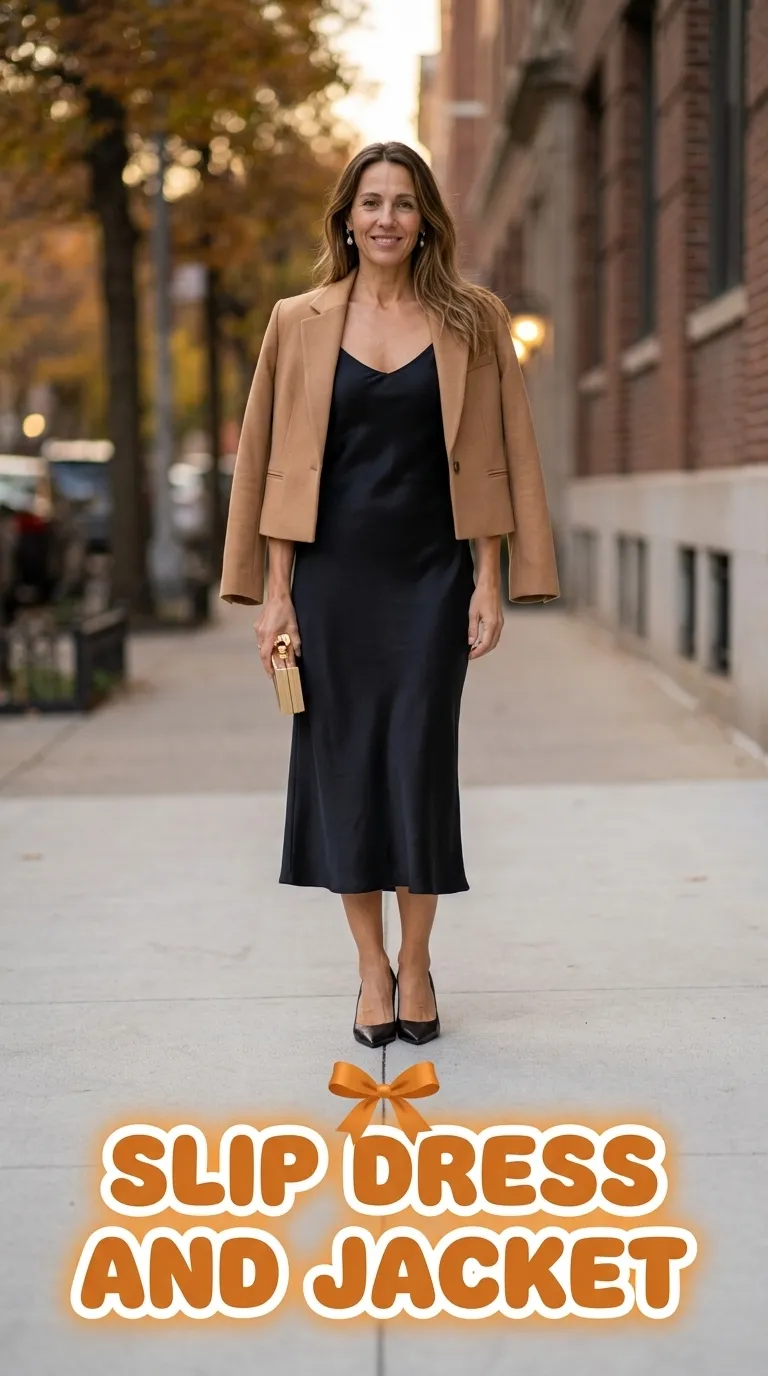 Woman in a black satin slip midi dress with a camel cropped tailored jacket and black pumps