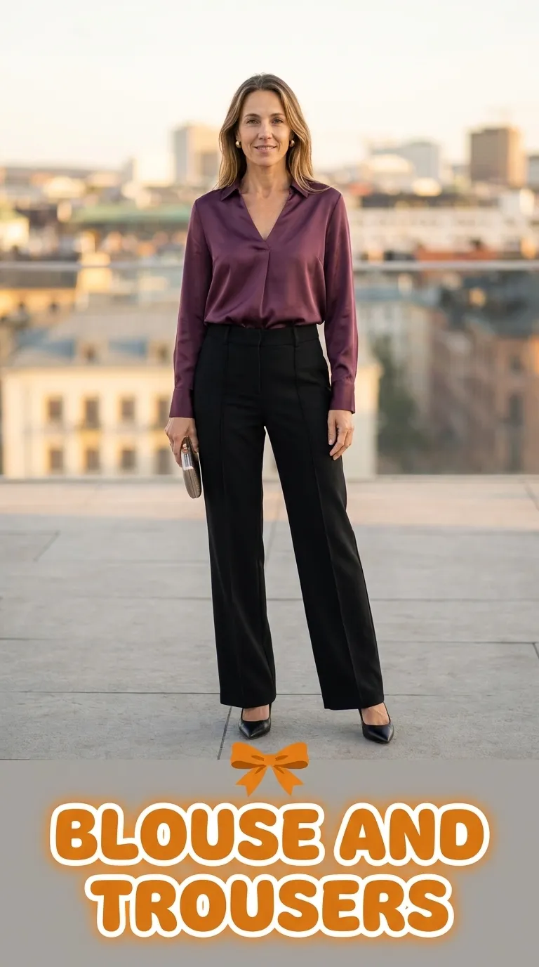 Woman in a plum satin blouse and black wide-leg trousers with pointed pumps