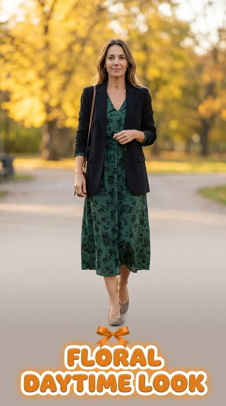 Woman in a dark floral midi dress with a black tailored blazer and taupe suede pumps