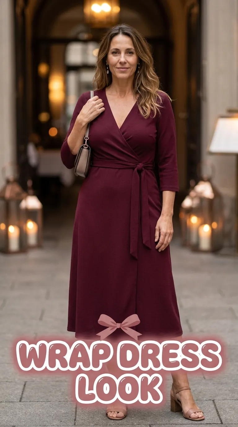 Plus size woman wearing a deep wine wrap dress with block-heel sandals